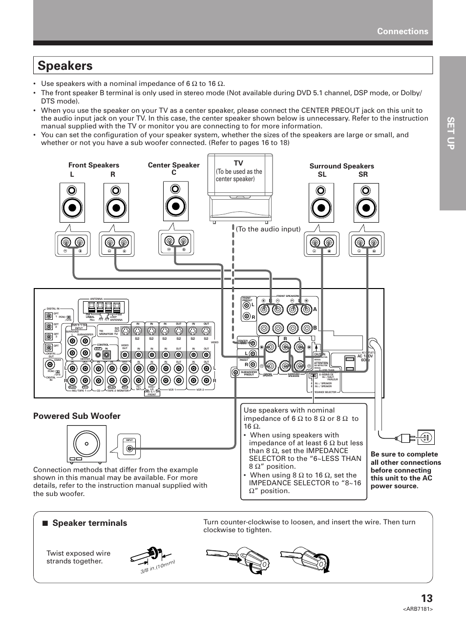 Speakers, Set up opera tion, Connections | 7 speaker terminals, Powered sub woofer, Arb7181 | Pioneer VSX-21 User Manual | Page 13 / 60