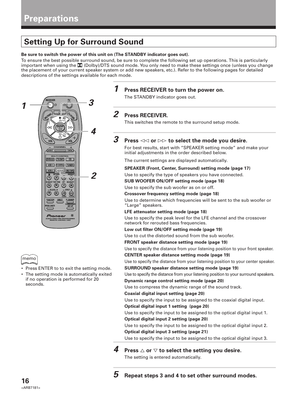 Preparations, Setting up for surround sound, Press receiver to turn the power on | Press receiver, Press ! or ⁄ to select the mode you desire, Press % or ﬁ to select the setting you desire, Repeat steps 3 and 4 to set other surround modes | Pioneer VSX-21 User Manual | Page 16 / 60
