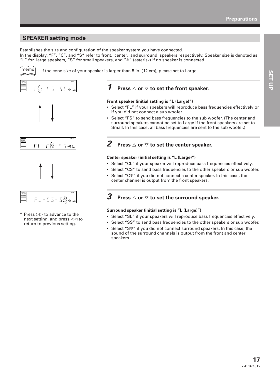 Set up, Speaker setting mode, Preparations | Press % or ﬁ to set the front speaker, Press % or ﬁ to set the center speaker, Press % or ﬁ to set the surround speaker | Pioneer VSX-21 User Manual | Page 17 / 60