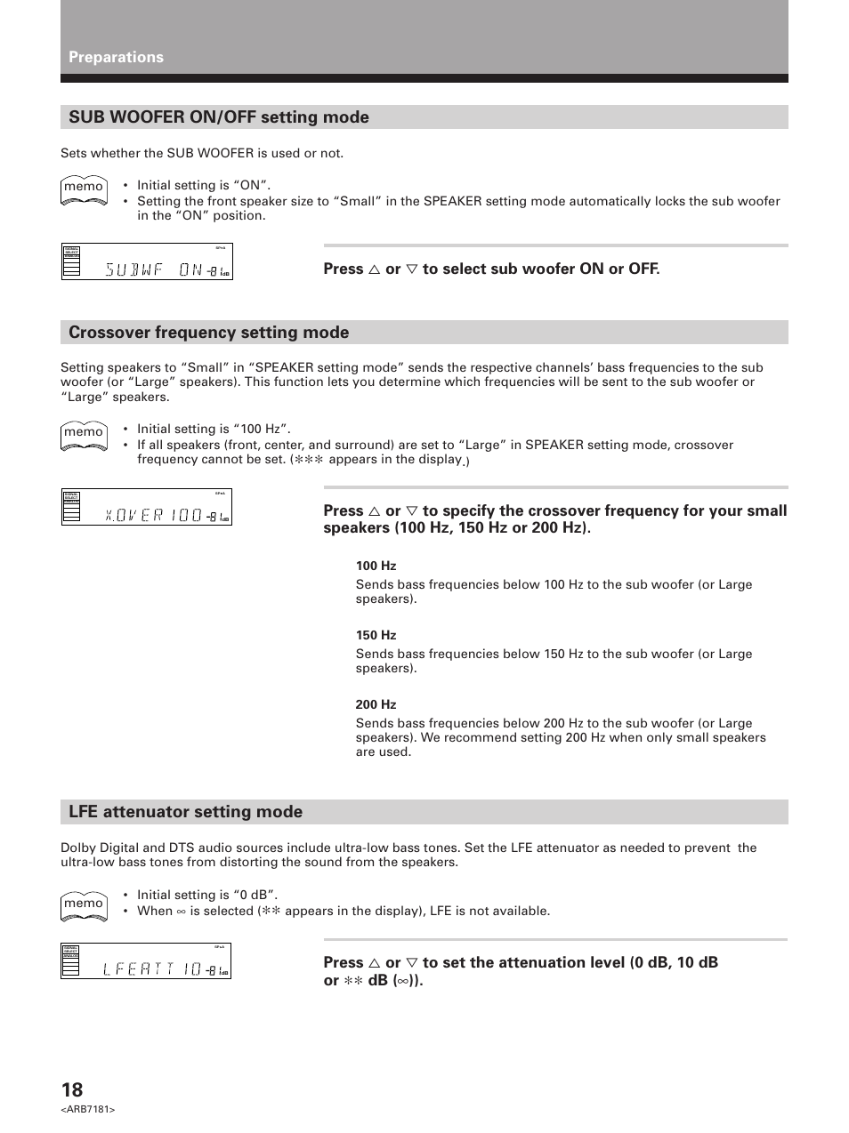 Sub woofer on/off setting mode, Crossover frequency setting mode, Lfe attenuator setting mode | Preparations, Press % or ﬁ to select sub woofer on or off, Db ( ∞ )) | Pioneer VSX-21 User Manual | Page 18 / 60