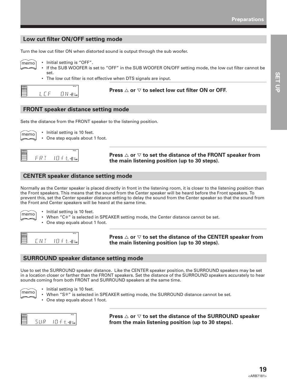 Set up, Low cut filter on/off setting mode, Center speaker distance setting mode | Surround speaker distance setting mode, Front speaker distance setting mode, Preparations, Press % or ﬁ to select low cut filter on or off | Pioneer VSX-21 User Manual | Page 19 / 60