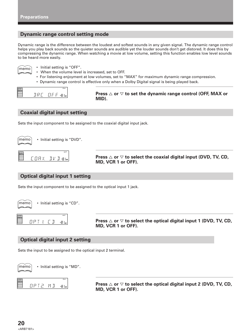 Dynamic range control setting mode, Coaxial digital input setting, Optical digital input 1 setting | Optical digital input 2 setting, Preparations | Pioneer VSX-21 User Manual | Page 20 / 60