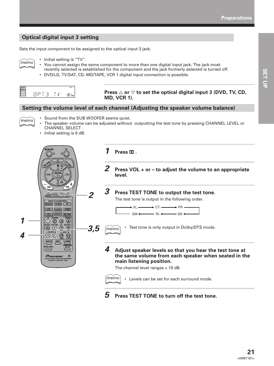 Set up, Optical digital input 3 setting, Press | Press test tone to output the test tone, Press test tone to turn off the test tone, Preparations | Pioneer VSX-21 User Manual | Page 21 / 60