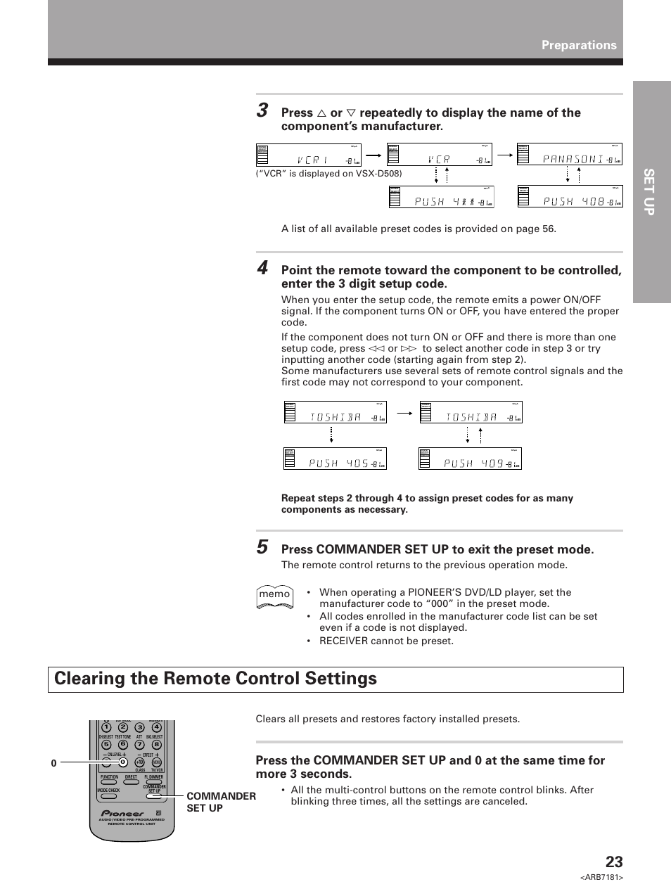 Clearing the remote control settings, Set up, Preparations | Press commander set up to exit the preset mode, Vcr” is displayed on vsx-d508) | Pioneer VSX-21 User Manual | Page 23 / 60