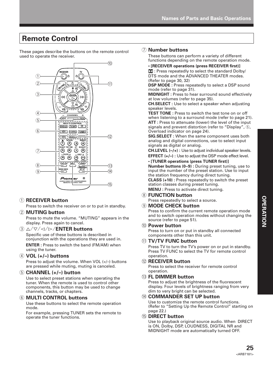 Remote control, Set up opera tion, 7 number buttons | 8 function button, 9 mode check button, 0 power button, Tv/tv func button, Receiver button, Fl dimmer button, Commander set up button | Pioneer VSX-21 User Manual | Page 25 / 60