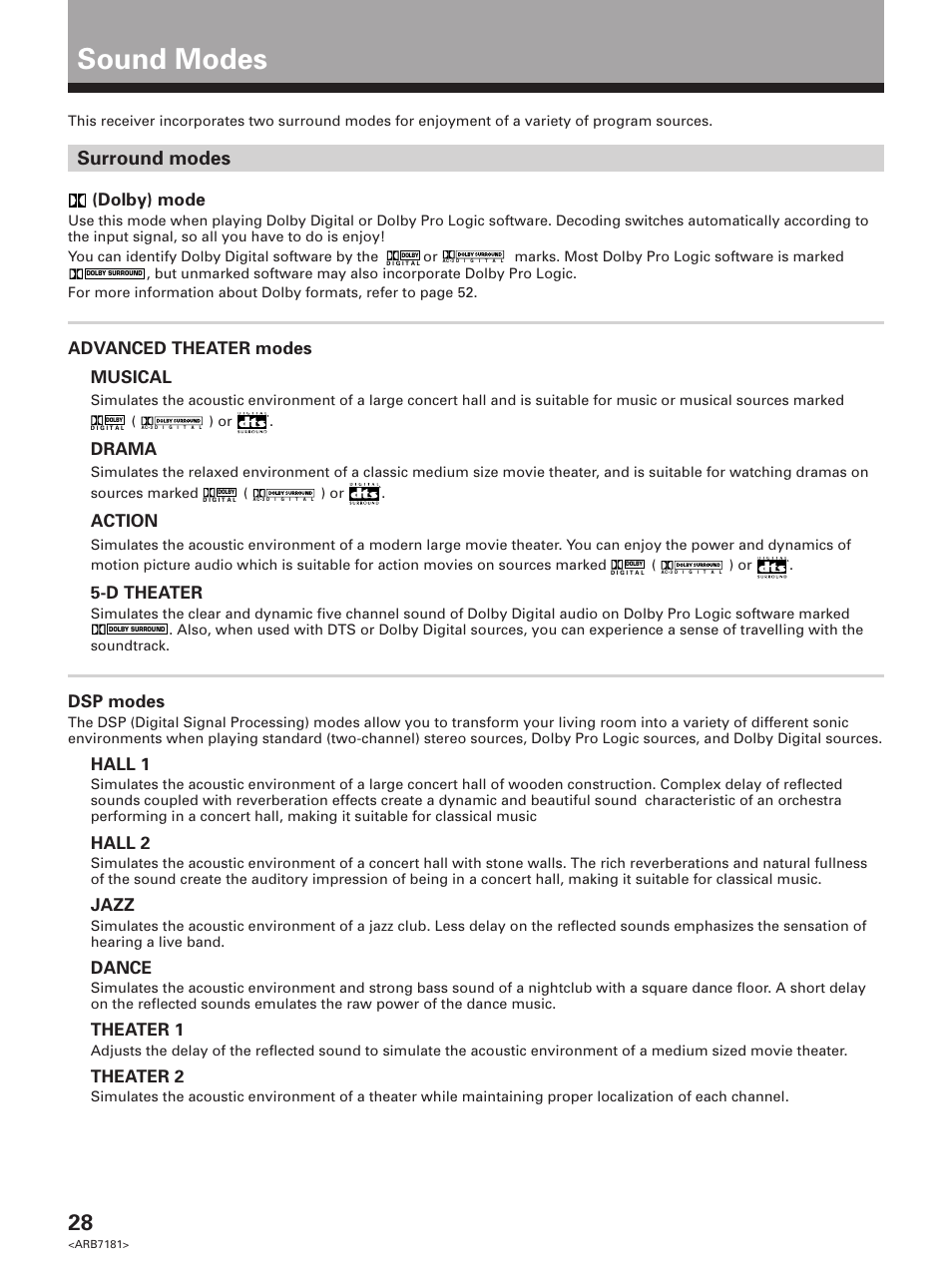 Sound modes, Surround modes, Dolby) mode | Advanced theater modes musical, Drama, Action, D theater, Dsp modes, Hall 1, Hall 2 | Pioneer VSX-21 User Manual | Page 28 / 60