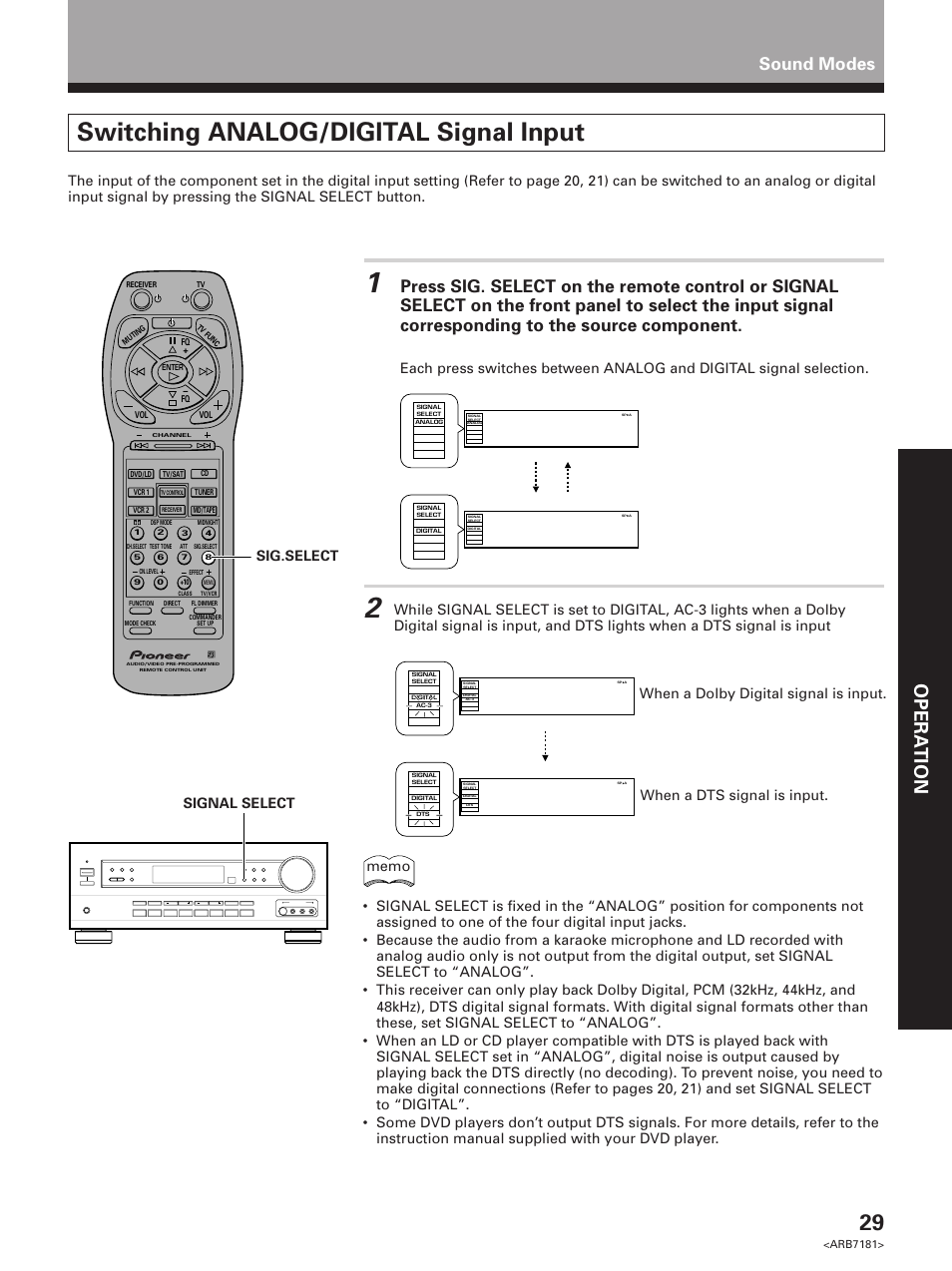 Switching analog/digital signal input, Set up opera tion, Sound modes | Pioneer VSX-21 User Manual | Page 29 / 60