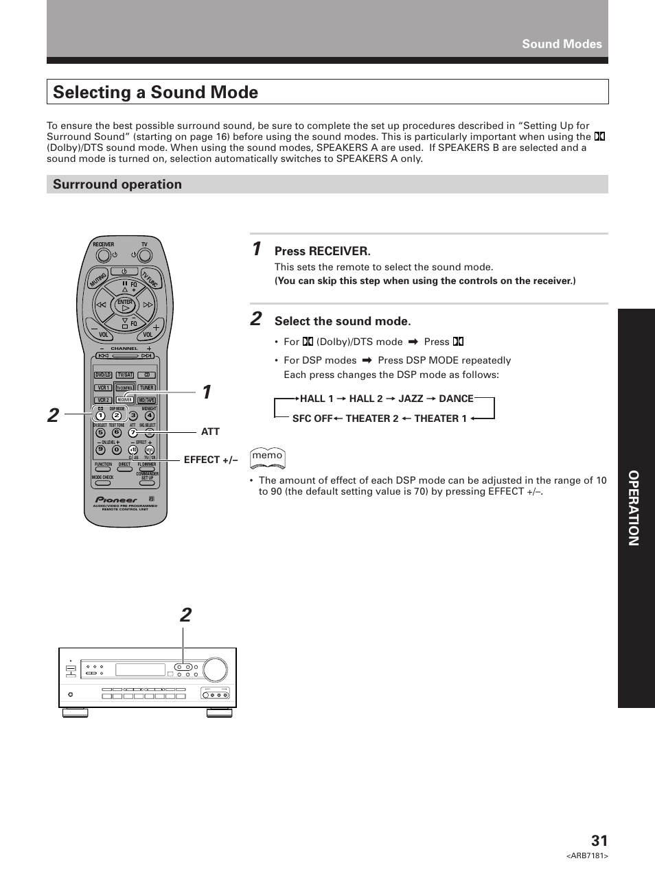 Selecting a sound mode, Set up opera tion, Surrround operation | Press receiver, Select the sound mode, Sound modes | Pioneer VSX-21 User Manual | Page 31 / 60