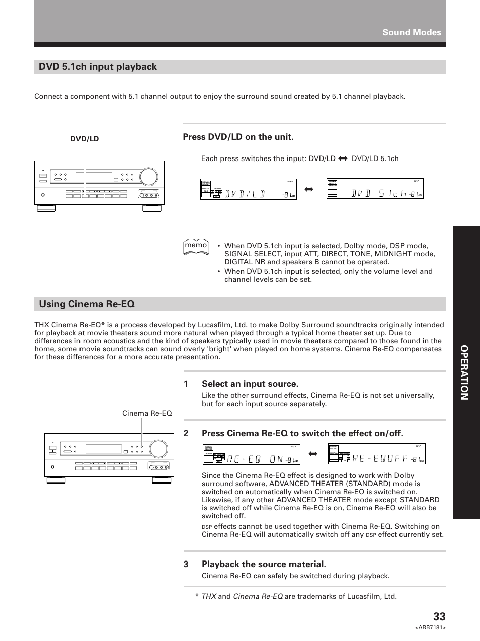 Cinema re-eq playback, Set up opera tion dvd 5.1ch input playback, Using cinema re-eq | Press dvd/ld on the unit, Sound modes, 1select an input source, 2press cinema re-eq to switch the effect on/off, 3playback the source material, Cinema re-eq, Effect currently set | Pioneer VSX-21 User Manual | Page 33 / 60