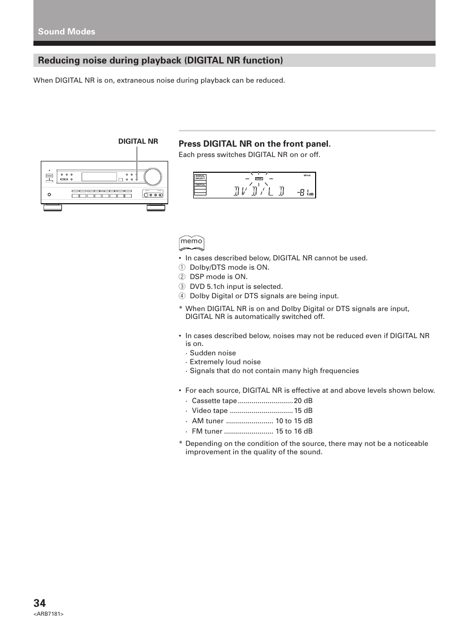 Press digital nr on the front panel, Sound modes | Pioneer VSX-21 User Manual | Page 34 / 60