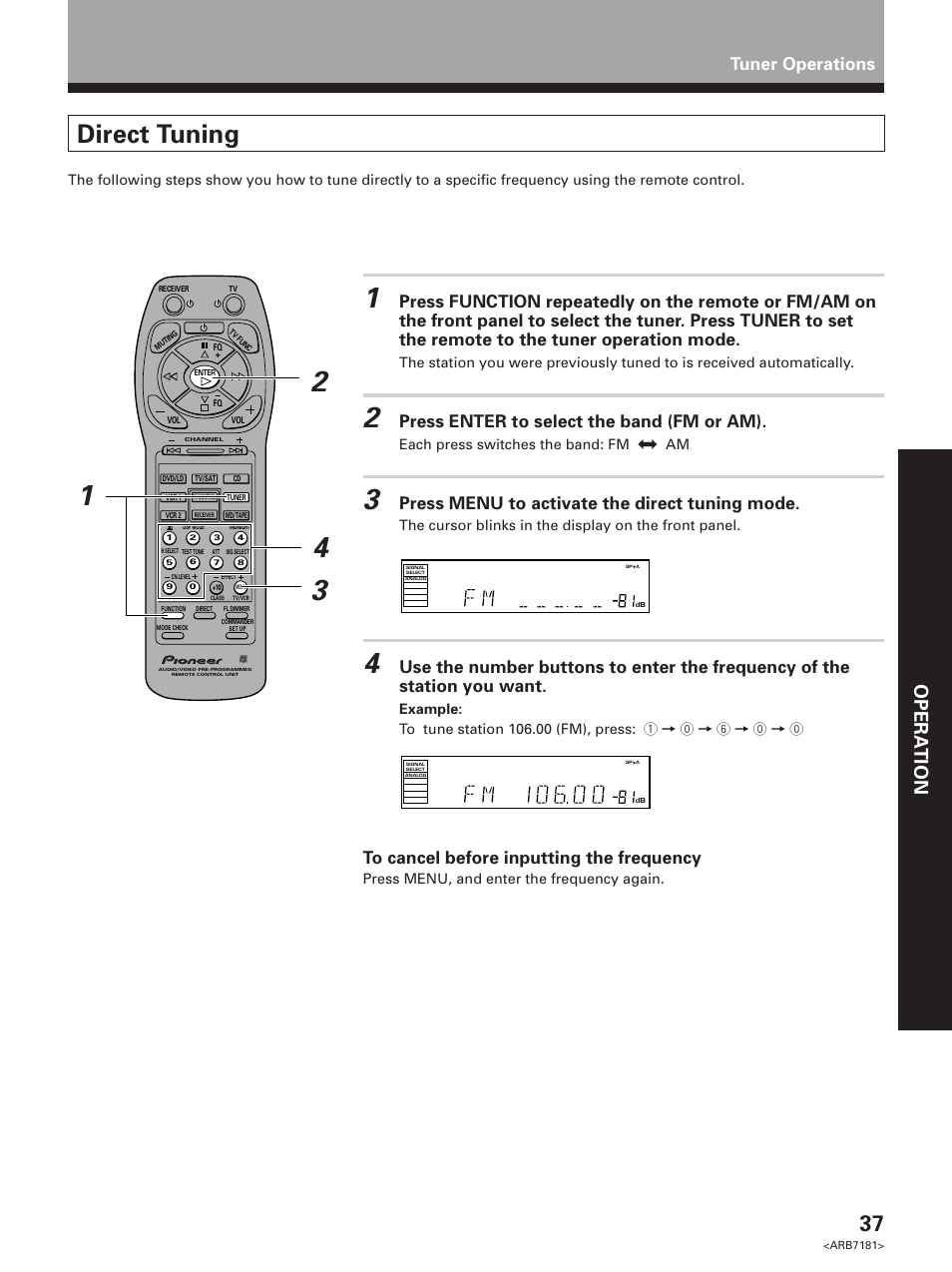 Direct tuning, Set up opera tion, Tuner operations | Press enter to select the band (fm or am), Press menu to activate the direct tuning mode | Pioneer VSX-21 User Manual | Page 37 / 60