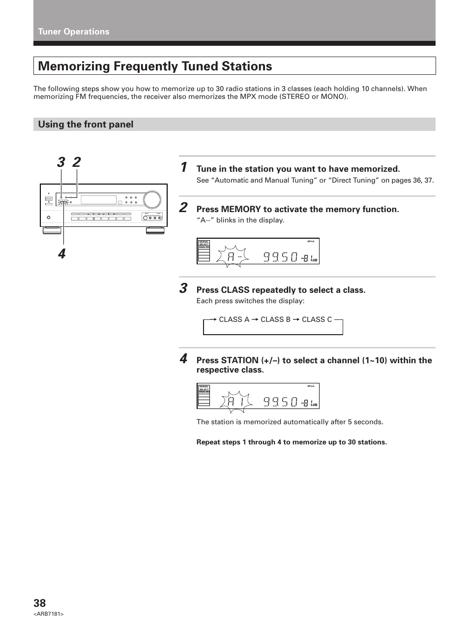 Memorizing frequently tuned stations, Using the front panel | Pioneer VSX-21 User Manual | Page 38 / 60