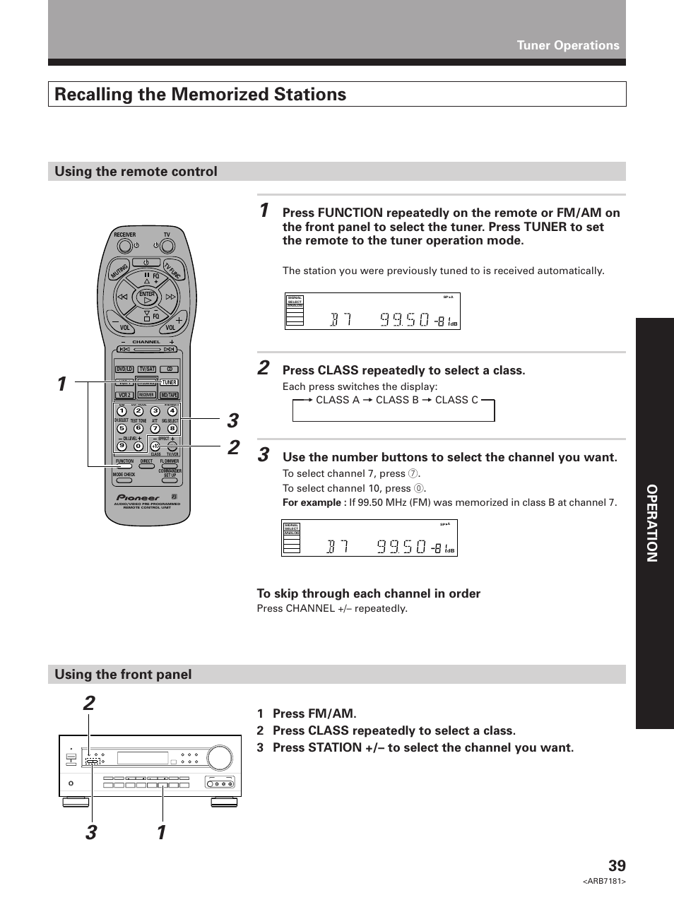Recalling the memorized stations, Set up opera tion, Using the remote control using the front panel | Tuner operations, Press class repeatedly to select a class | Pioneer VSX-21 User Manual | Page 39 / 60