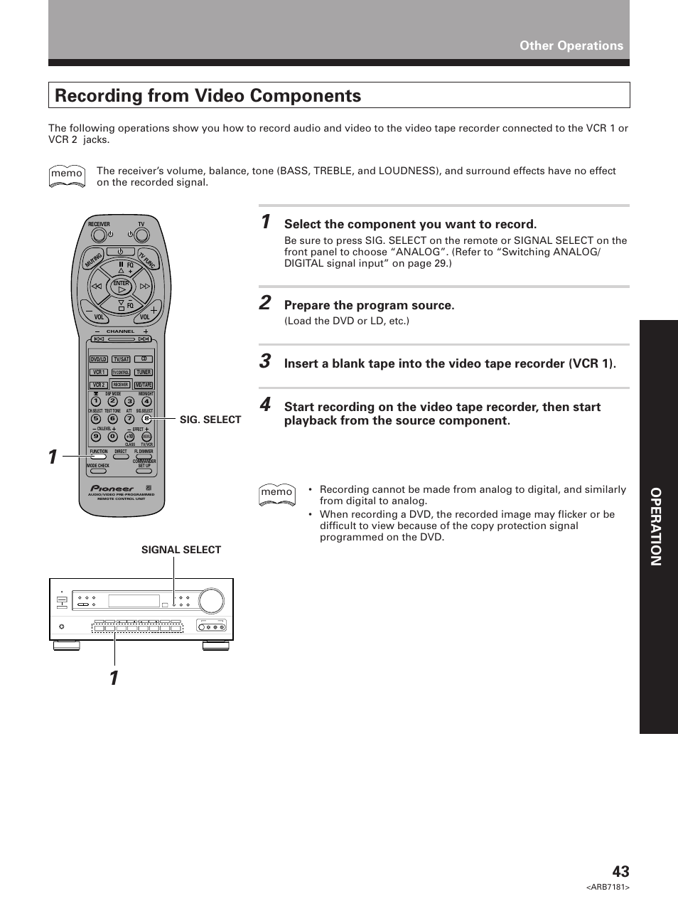 Recording from video components, Set up opera tion, Other operations | Select the component you want to record, Prepare the program source | Pioneer VSX-21 User Manual | Page 43 / 60