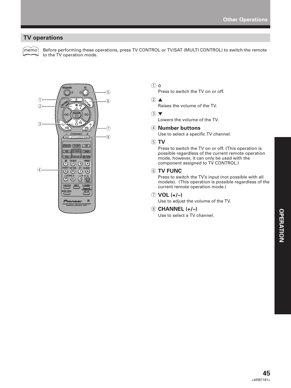 Set up opera tion, Tv operations, Other operations 1 | 4 number buttons, 5 tv, 6 tv func, 7 vol (+/–), 8 channel (+/–) | Pioneer VSX-21 User Manual | Page 45 / 60