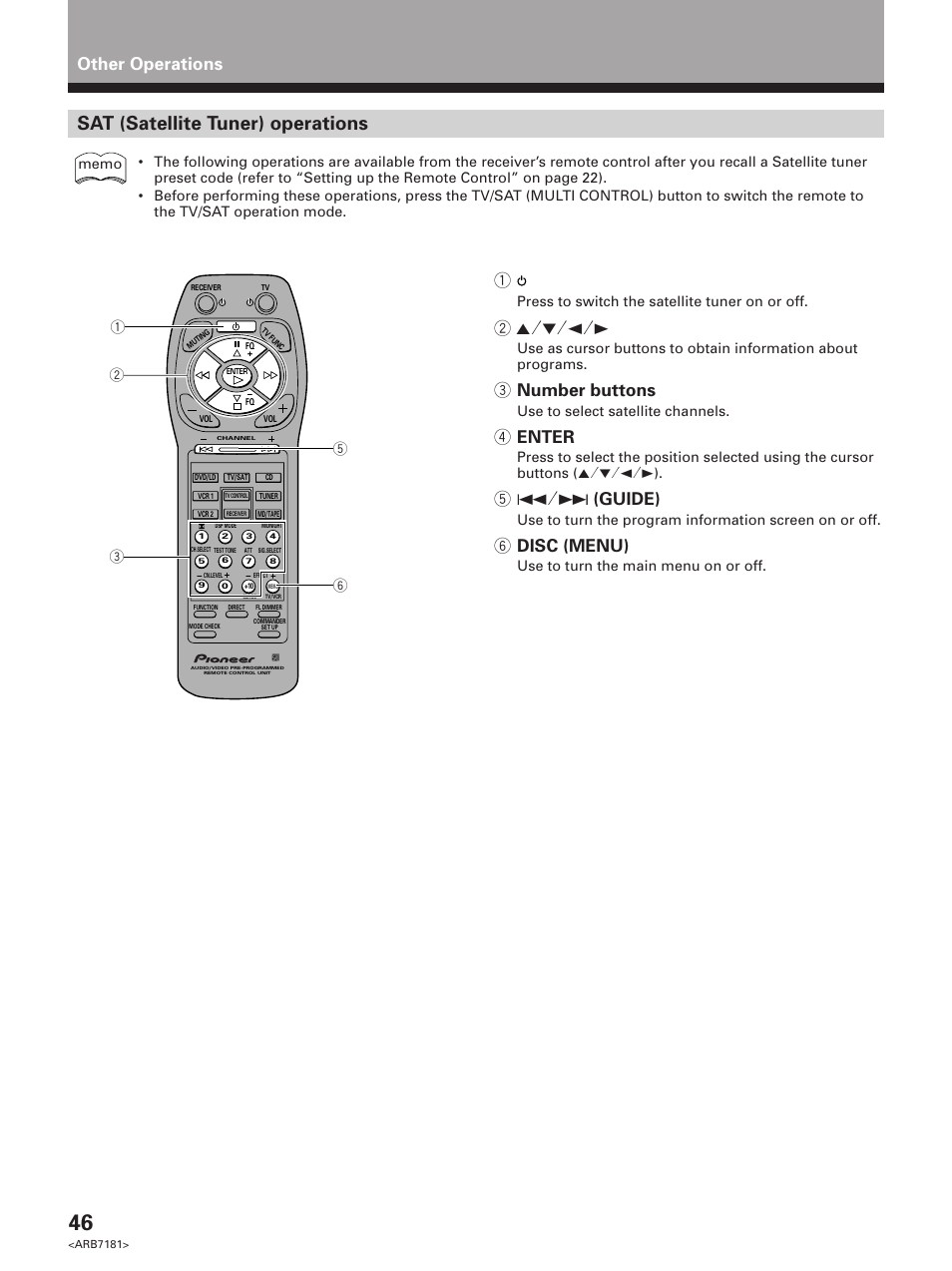 Sat (satellite tuner) operations, Other operations 1, 3 number buttons | 4 enter, 54˜¢ (guide), 6 disc (menu), Press to switch the satellite tuner on or off, Use to select satellite channels, Use to turn the main menu on or off | Pioneer VSX-21 User Manual | Page 46 / 60