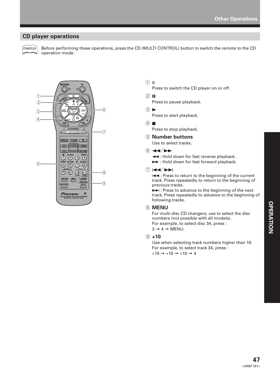 Set up opera tion, Cd player operations, Other operations 1 | 5 number buttons, 8 menu | Pioneer VSX-21 User Manual | Page 47 / 60