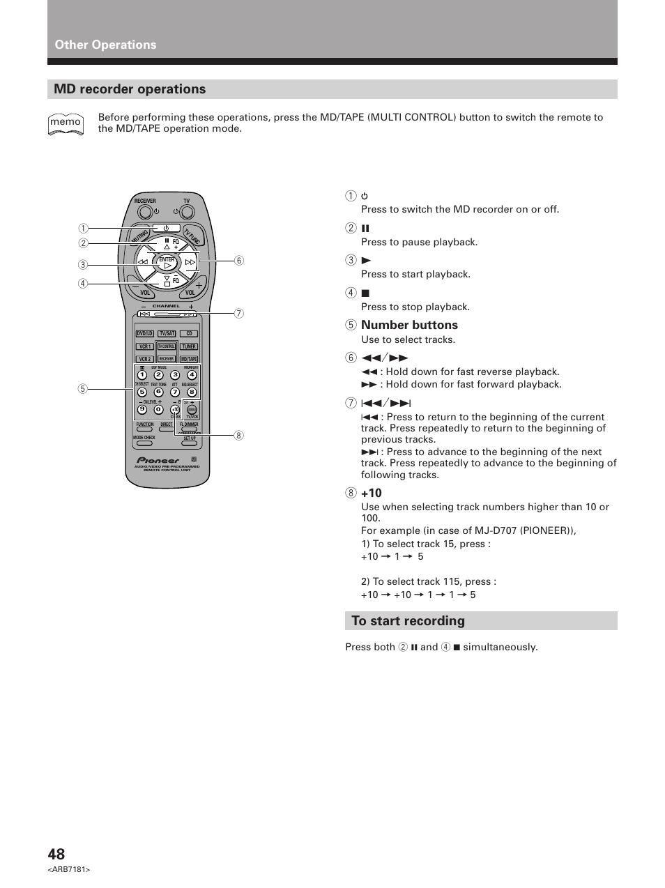 Md recorder operations, 5 number buttons, Other operations | Pioneer VSX-21 User Manual | Page 48 / 60