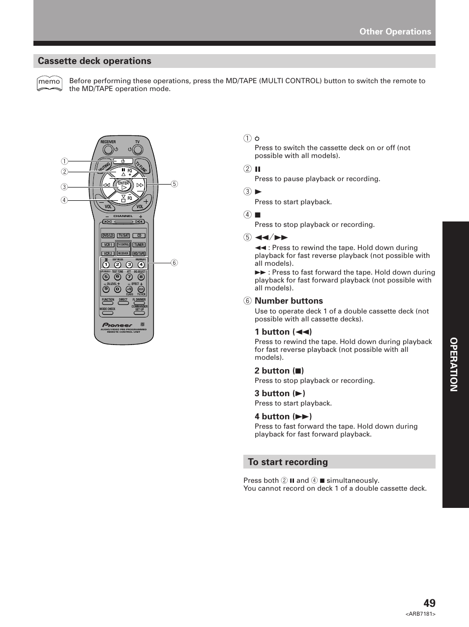 Set up opera tion, Cassette deck operations, 6 number buttons | 1 button ( 1 ), 2 button ( 7 ), 3 button ( 3 ), 4 button ( ¡ ), Other operations | Pioneer VSX-21 User Manual | Page 49 / 60