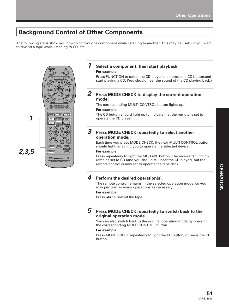 Background control of other components, Set up opera tion, Select a component, then start playback | Perform the desired operation(s), Other operations | Pioneer VSX-21 User Manual | Page 51 / 60