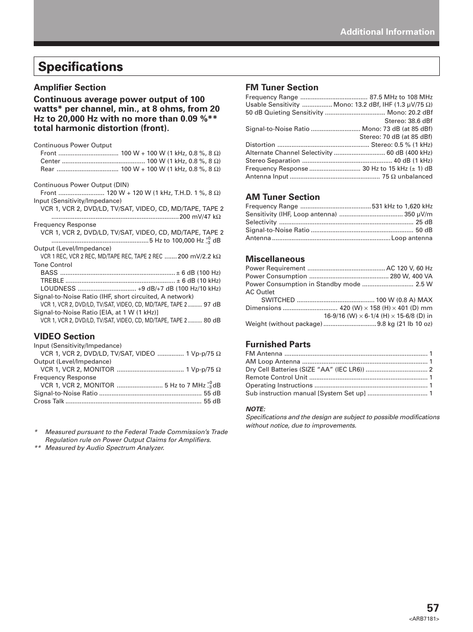 Specifications, Miscellaneous, Furnished parts | Pioneer VSX-21 User Manual | Page 57 / 60