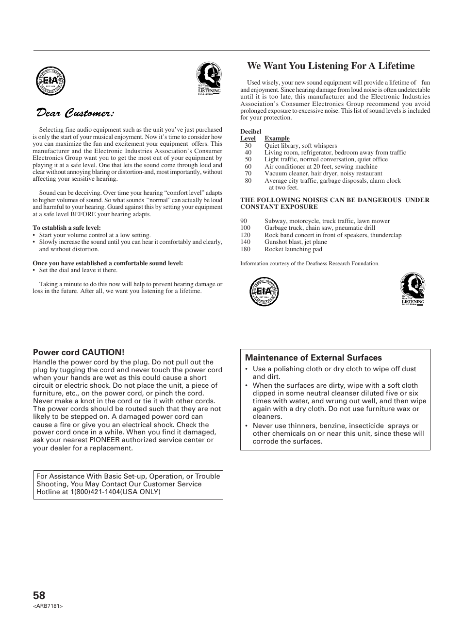 We want you listening for a lifetime, Power cord caution, Maintenance of external surfaces | Pioneer VSX-21 User Manual | Page 58 / 60