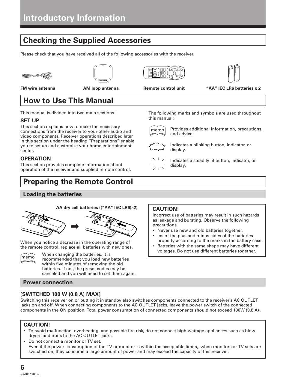 Introductory information, Checking the supplied accessories, How to use this manual | Preparing the remote control, Loading the batteries, Power connection | Pioneer VSX-21 User Manual | Page 6 / 60