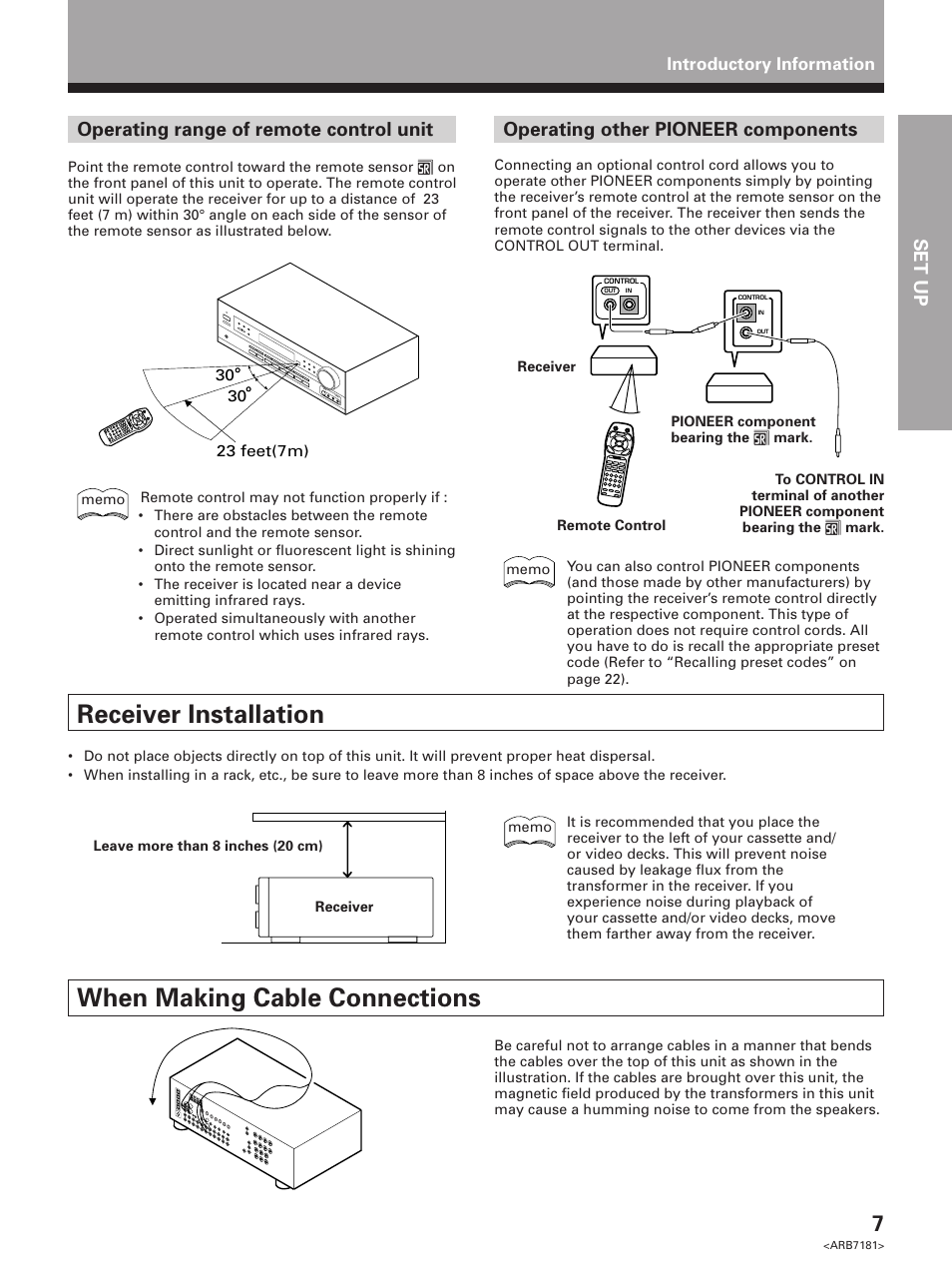 Receiver installation, When making cable connections, Set up opera tion | Operating other pioneer components, Operating range of remote control unit | Pioneer VSX-21 User Manual | Page 7 / 60