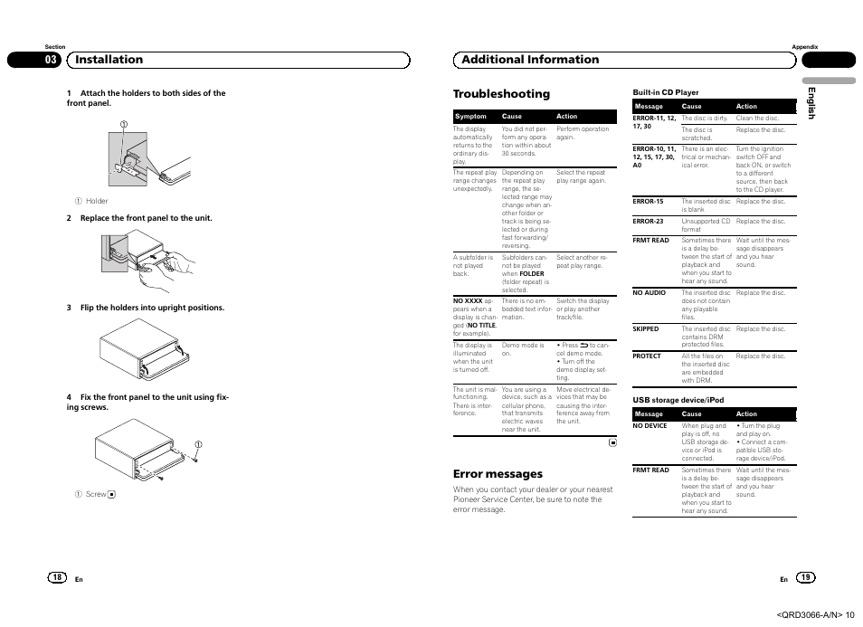 03 installation troubleshooting, Error messages, Additional information | Pioneer DEH-5300UB User Manual | Page 10 / 48