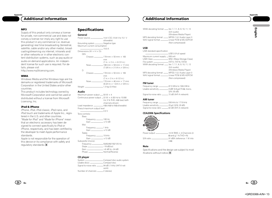 Specifications, Additional information | Pioneer DEH-5300UB User Manual | Page 13 / 48