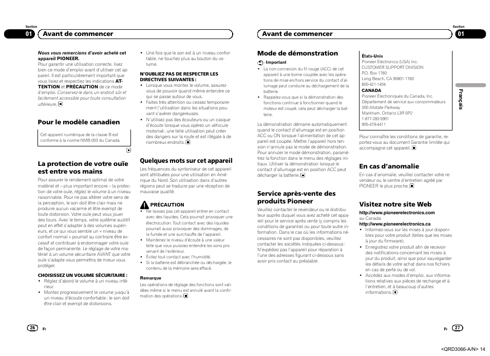 Pour le modèle canadien, La protection de votre ouïe est entre vos mains, Quelques mots sur cet appareil | 01 avant de commencer mode de démonstration, Service après-vente des produits pioneer, En cas d ’anomalie, Visitez notre site web, 01 avant de commencer | Pioneer DEH-5300UB User Manual | Page 14 / 48
