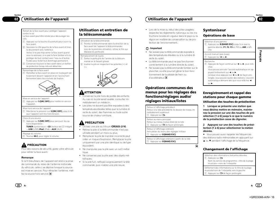 Utilisation et entretien de la télécommande, 02 utilisation de l ’appareil, Syntoniseur | Pioneer DEH-5300UB User Manual | Page 16 / 48