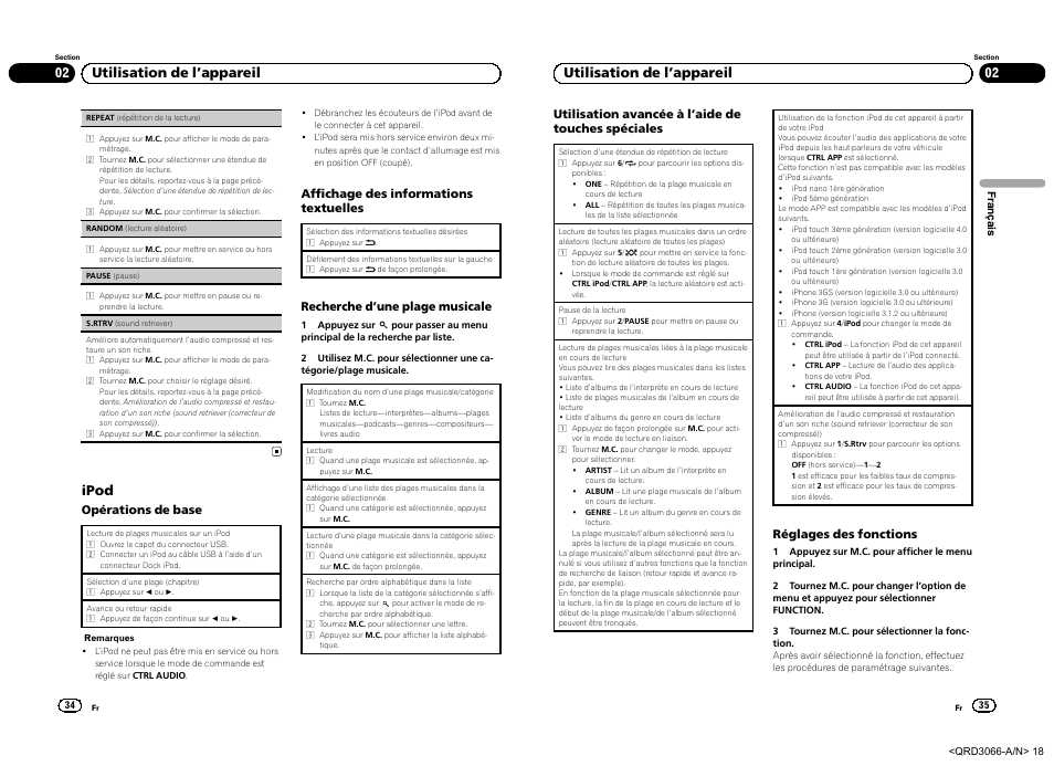 Ipod, 02 utilisation de l ’appareil, Opérations de base | Affichage des informations textuelles, Recherche d ’une plage musicale, Utilisation avancée à l ’aide de touches spéciales, Réglages des fonctions | Pioneer DEH-5300UB User Manual | Page 18 / 48