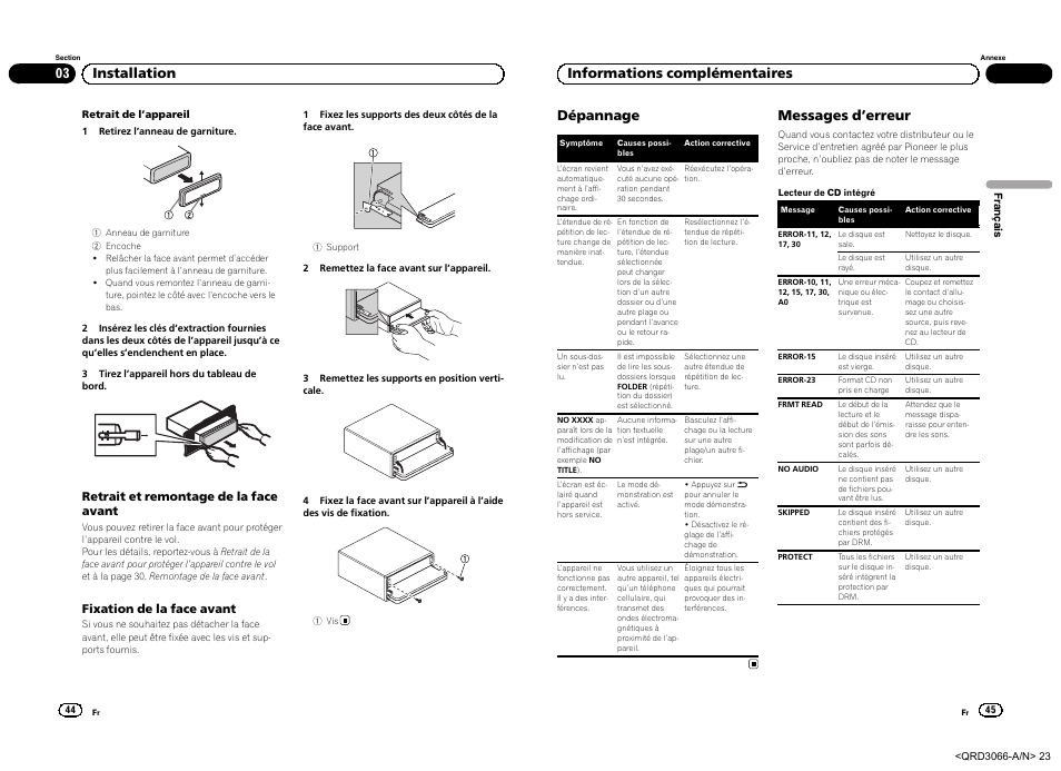 03 installation dépannage, Messages d ’erreur, Informations complémentaires | Pioneer DEH-5300UB User Manual | Page 23 / 48