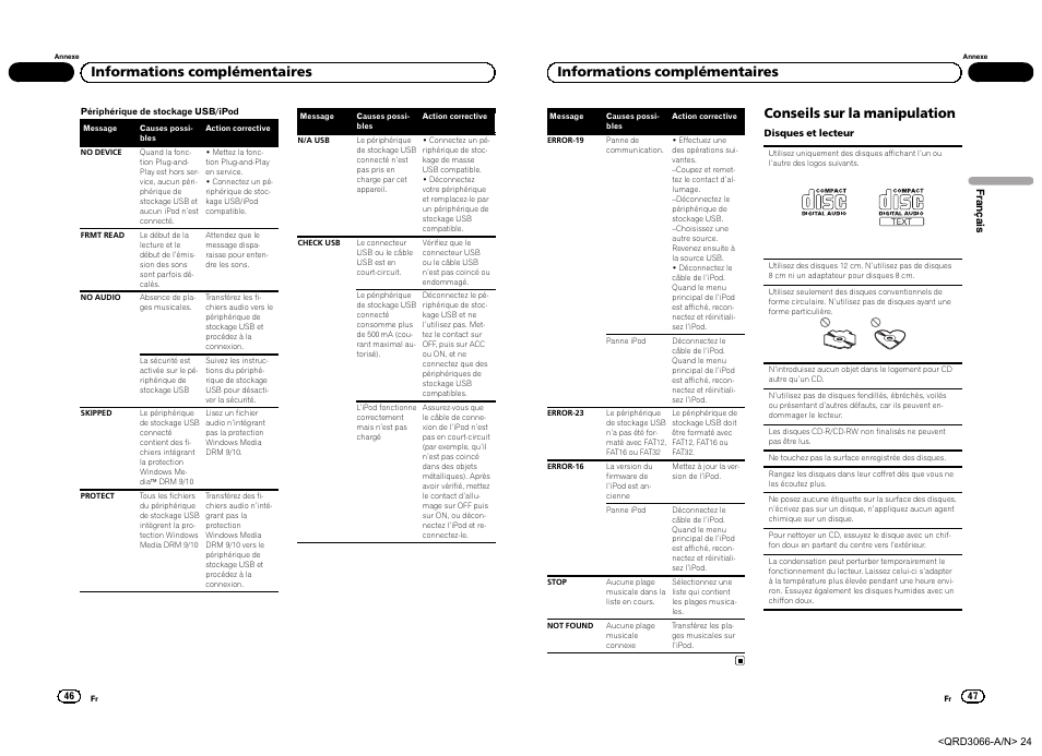 Informations complémentaires, Conseils sur la manipulation | Pioneer DEH-5300UB User Manual | Page 24 / 48