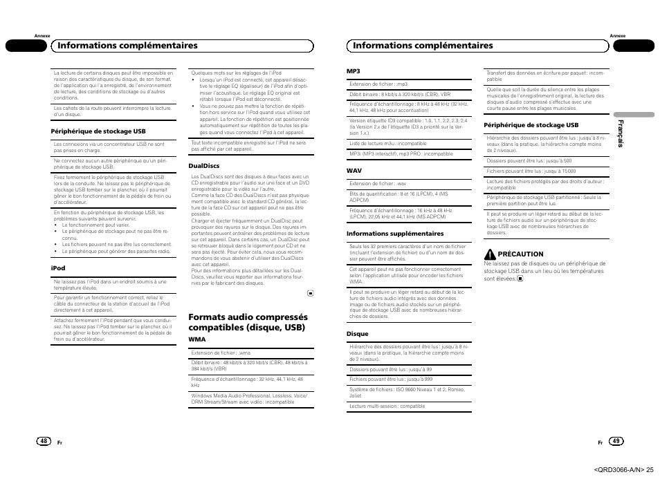 Formats audio compressés compatibles (disque, usb), Informations complémentaires | Pioneer DEH-5300UB User Manual | Page 25 / 48