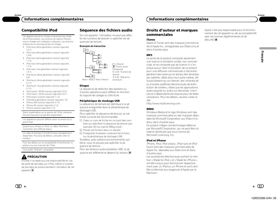 Compatibilité ipod, Séquence des fichiers audio, Informations complémentaires | Pioneer DEH-5300UB User Manual | Page 26 / 48