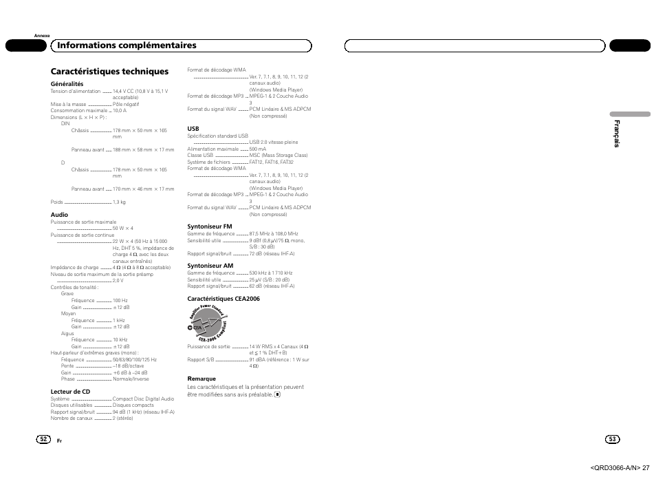 Caractéristiques techniques, Informations complémentaires | Pioneer DEH-5300UB User Manual | Page 27 / 48