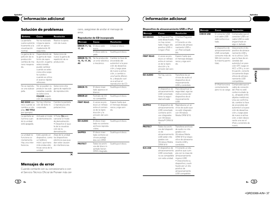 Solución de problemas, Mensajes de error, Información adicional | Pioneer DEH-5300UB User Manual | Page 37 / 48