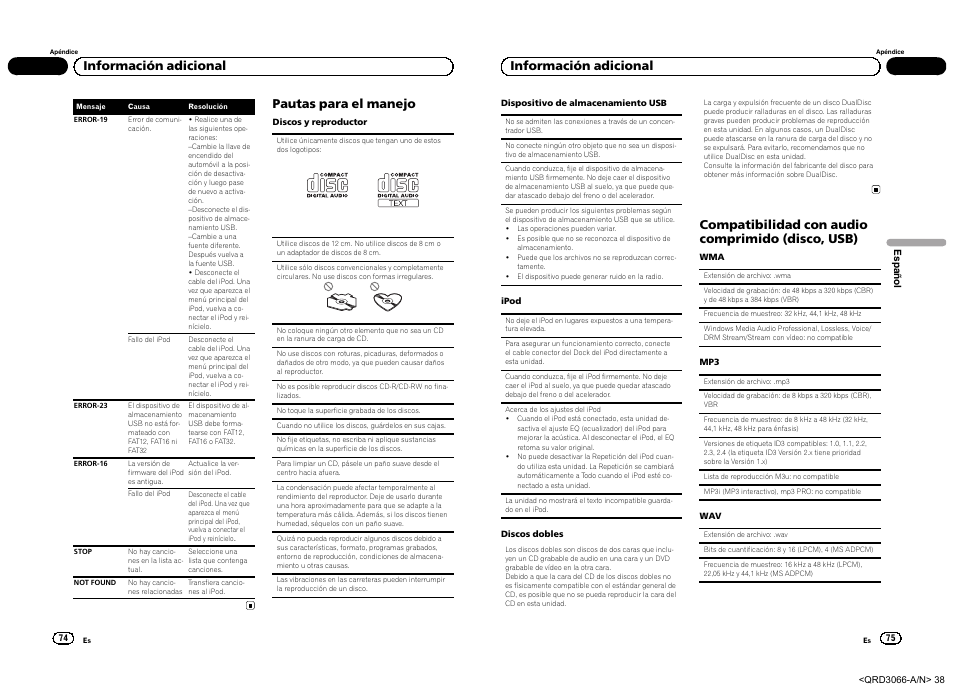 Pautas para el manejo, Información adicional, Compatibilidad con audio comprimido (disco, usb) | Pioneer DEH-5300UB User Manual | Page 38 / 48