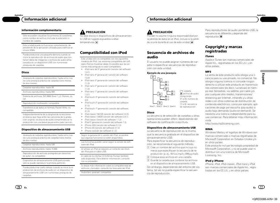 Compatibilidad con ipod, Información adicional, Secuencia de archivos de audio | Copyright y marcas registradas | Pioneer DEH-5300UB User Manual | Page 39 / 48