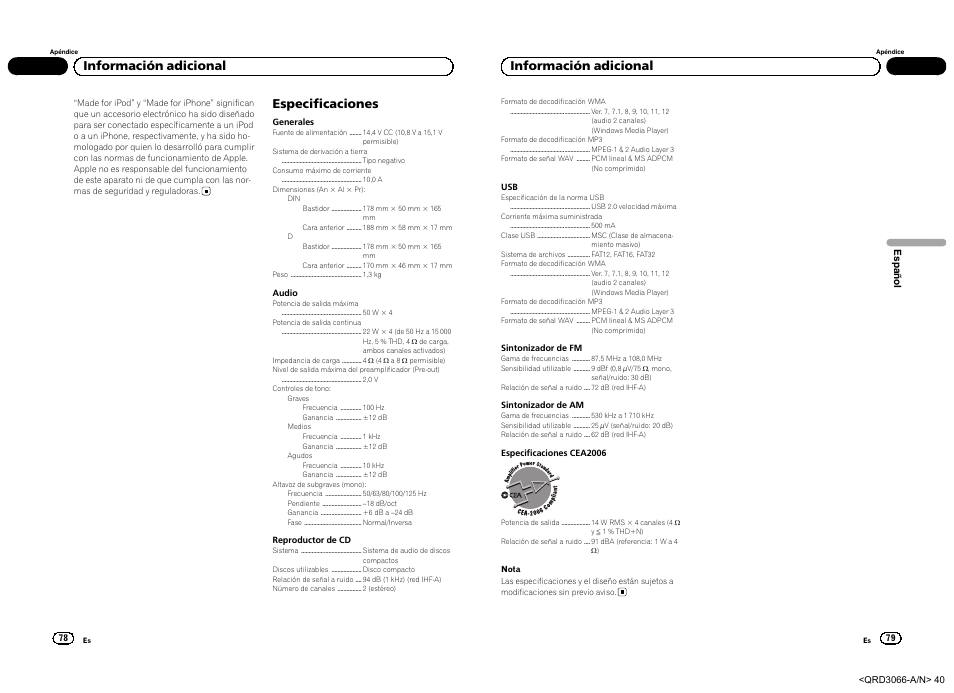 Especificaciones, Información adicional | Pioneer DEH-5300UB User Manual | Page 40 / 48