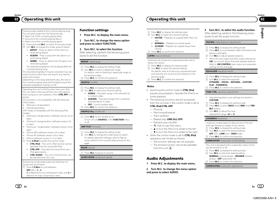 02 operating this unit, Audio adjustments, Function settings | Pioneer DEH-5300UB User Manual | Page 6 / 48