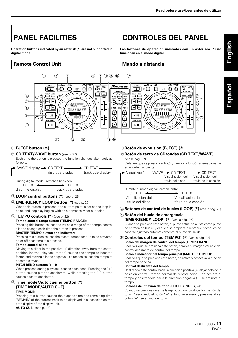 Panel facilities, Remote control unit, Controles del panel | Mando a distancia, English español | Pioneer CMX-3000 User Manual | Page 11 / 33