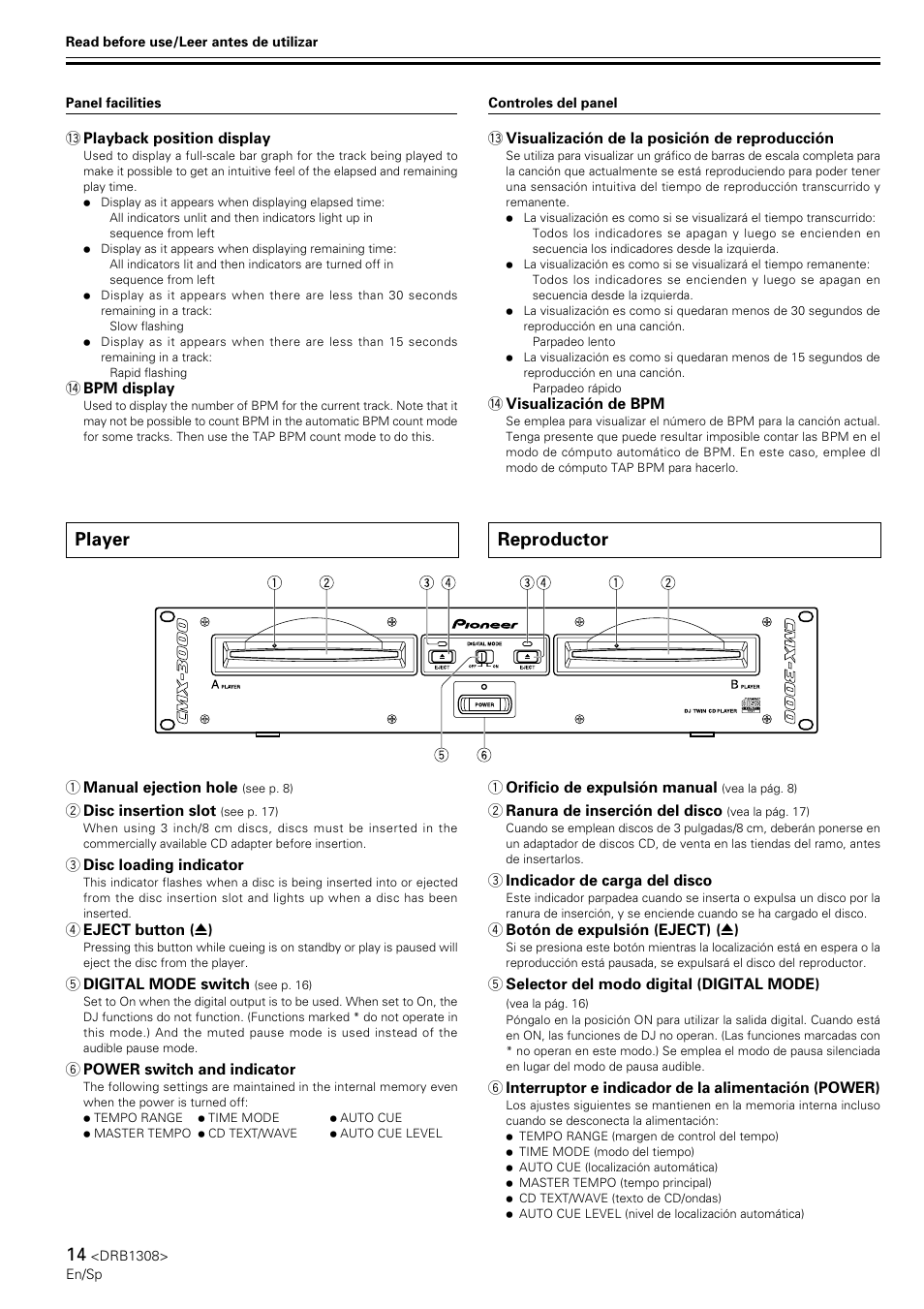 Player, Reproductor | Pioneer CMX-3000 User Manual | Page 14 / 33