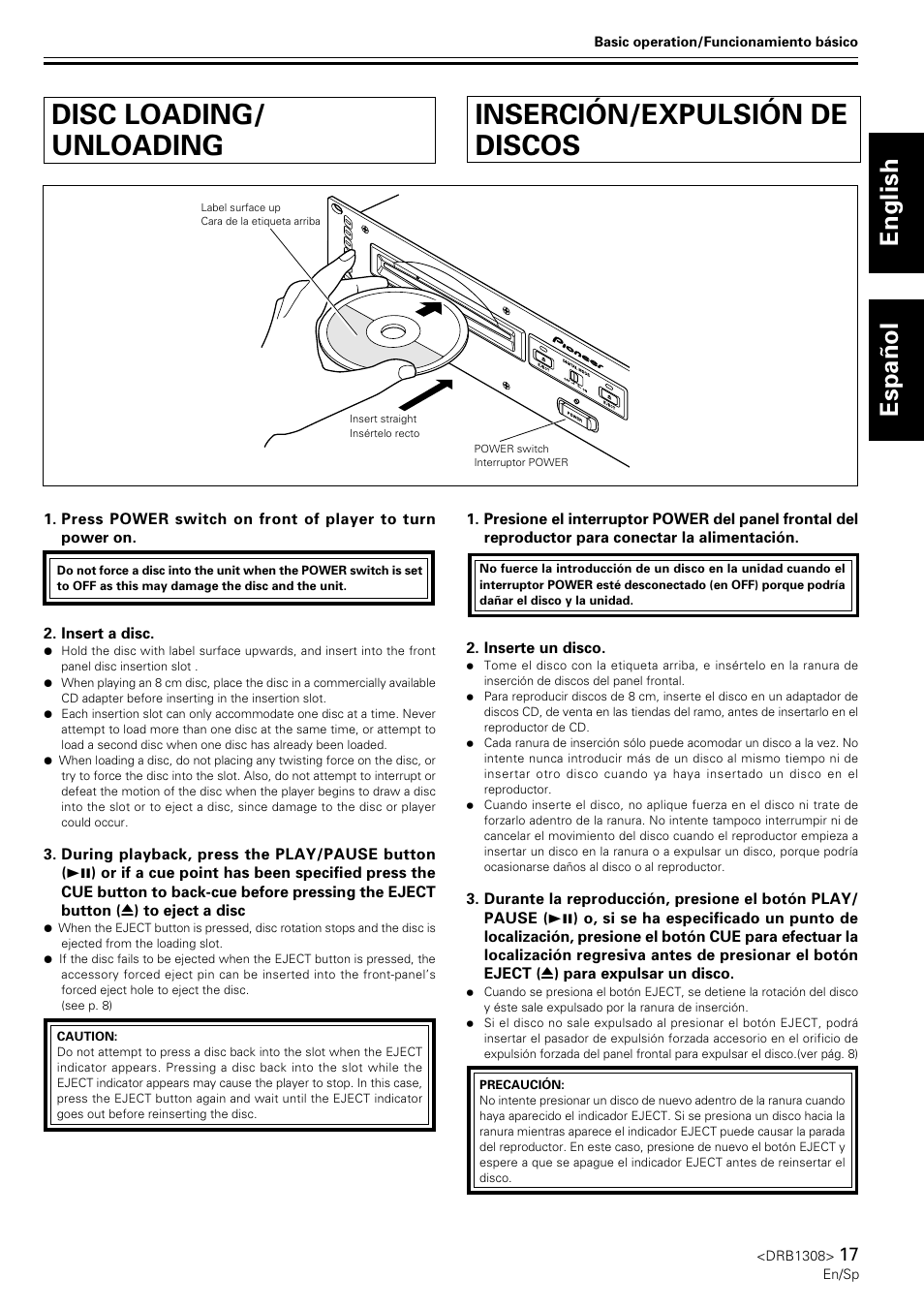 Disc loading/unloading, Inserción/expulsión de discos, Disc loading/ unloading | English espa ñ ol | Pioneer CMX-3000 User Manual | Page 17 / 33