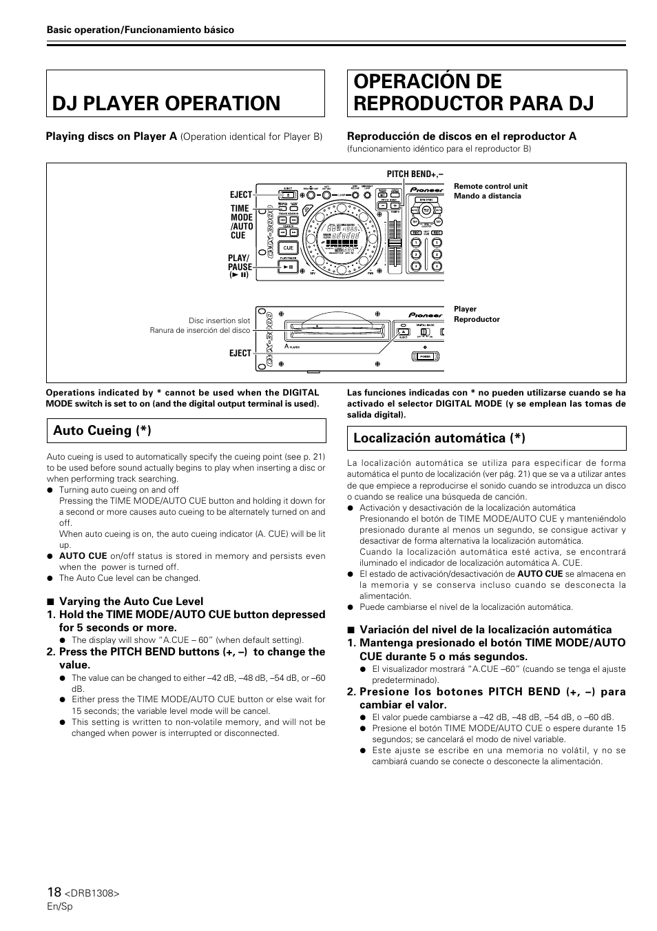 Dj player operation, Auto cueing, Operación de reproductor para dj | Localización automática, Auto cueing (*), Localización automática (*) | Pioneer CMX-3000 User Manual | Page 18 / 33
