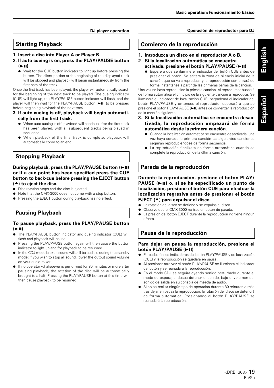 Starting playback, Stopping playback, Pausing playback | Comienzo de la reproducción, Parada de la reproducción, Pausa de la reproducción, English espa ñ ol | Pioneer CMX-3000 User Manual | Page 19 / 33