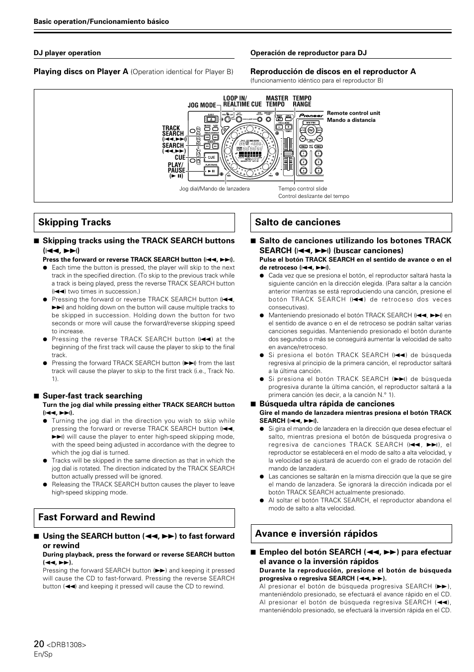 Skipping tracks, Fast forward and rewind, Salto de canciones | Avance e inversión rápidos | Pioneer CMX-3000 User Manual | Page 20 / 33