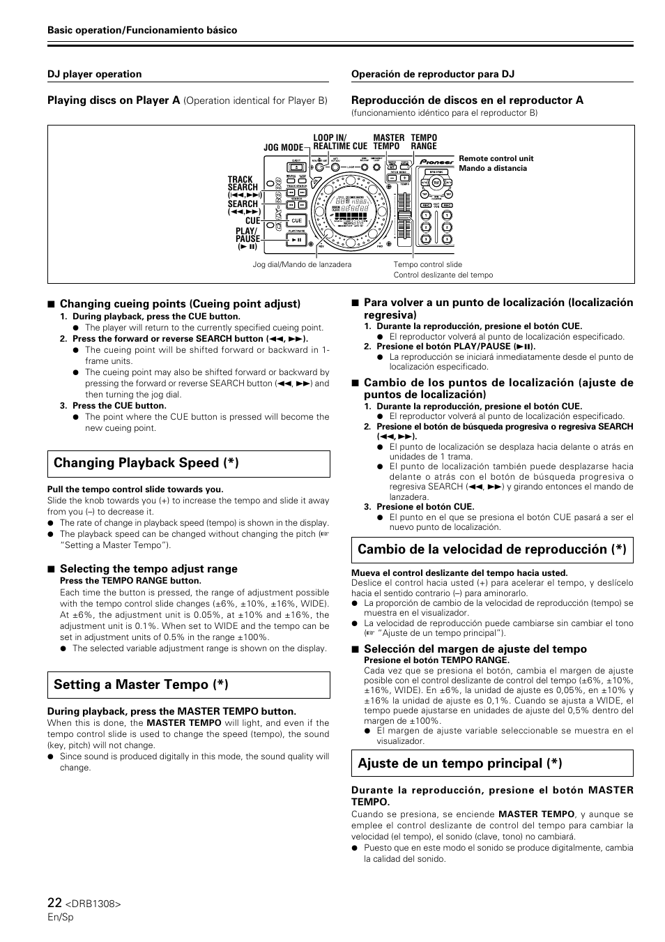 Changing playback speed, Setting a master tempo, Cambio de la velocidad de reproducción | Ajuste de un tempo principal, Changing playback speed (*), Setting a master tempo (*), Cambio de la velocidad de reproducción (*), Ajuste de un tempo principal (*) | Pioneer CMX-3000 User Manual | Page 22 / 33